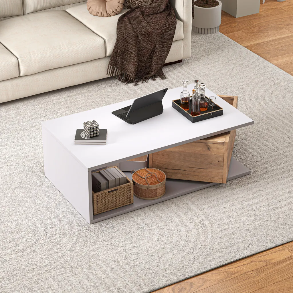 Fortuna Lai 90*50*30 cm Tavolino da caffè, cassetto girevole a 360°, tavolino con 1 cassetto, tavolino da salotto lucido con vano portaoggetti aperto, tavolino da divano, tavolino ausiliario, bianco + colore legno - 3