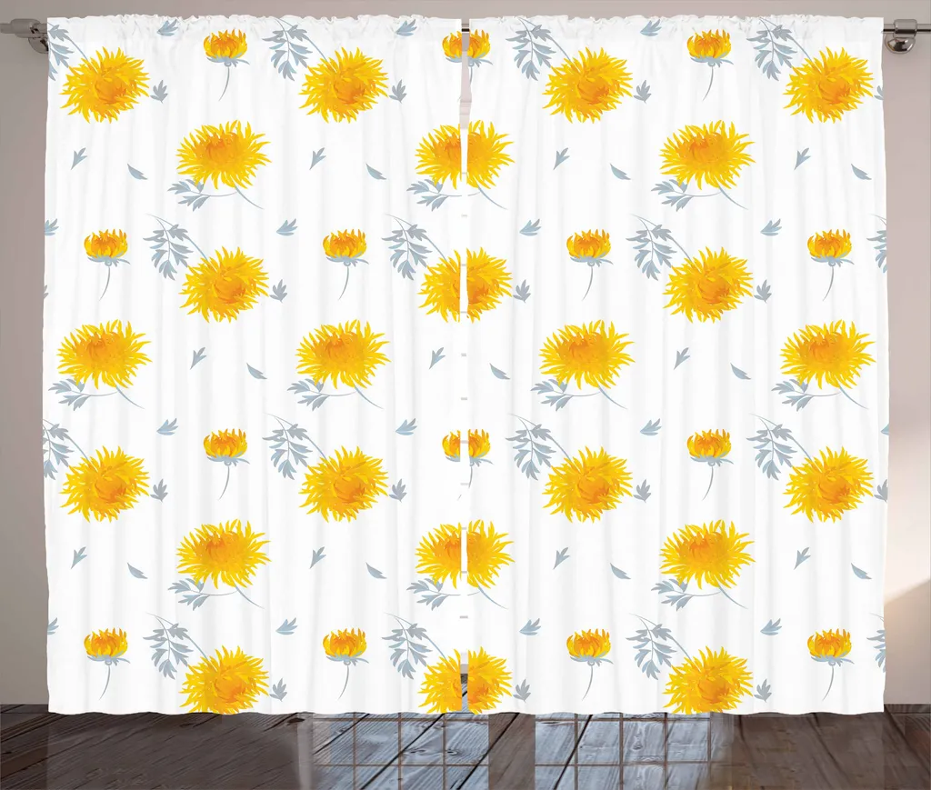 Voilage Froncé 280x225cm, Motif Fleurs Jaunes et Gris, Style Campagne