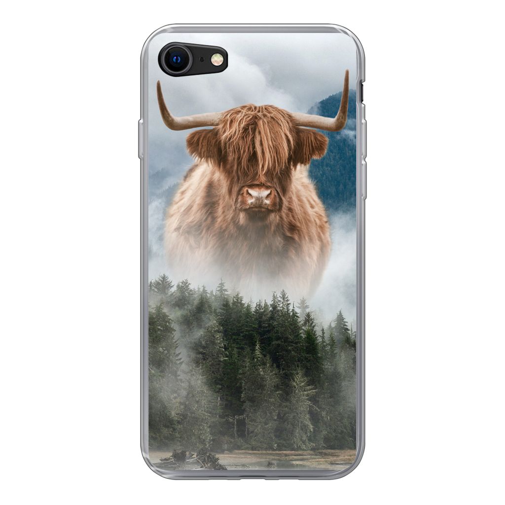 MuchoWow Handyhülle Schutzhülle Hülle für iPhone 8 Schottische Highlander - Kühe - Nebel Silikon Softcase Handy Hülle - Schutzhaube