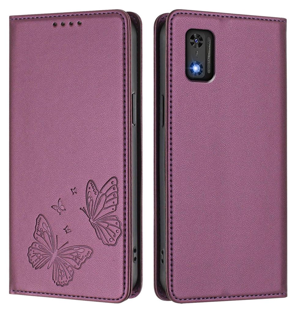Lederhülle für Tecno Pop 6C, Schmetterling Prägung Leder Brieftasche Schutzhülle mit Ständer Lila