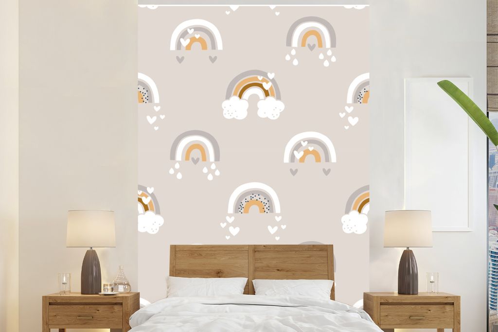 MuchoWow Fototapete für Wohnzimmer oder Schlafzimmer Wandtapete Vinyl Motivtapete Muster - Regenbogen - Herzen - 225x350 cm - Schlafzimmer tapete