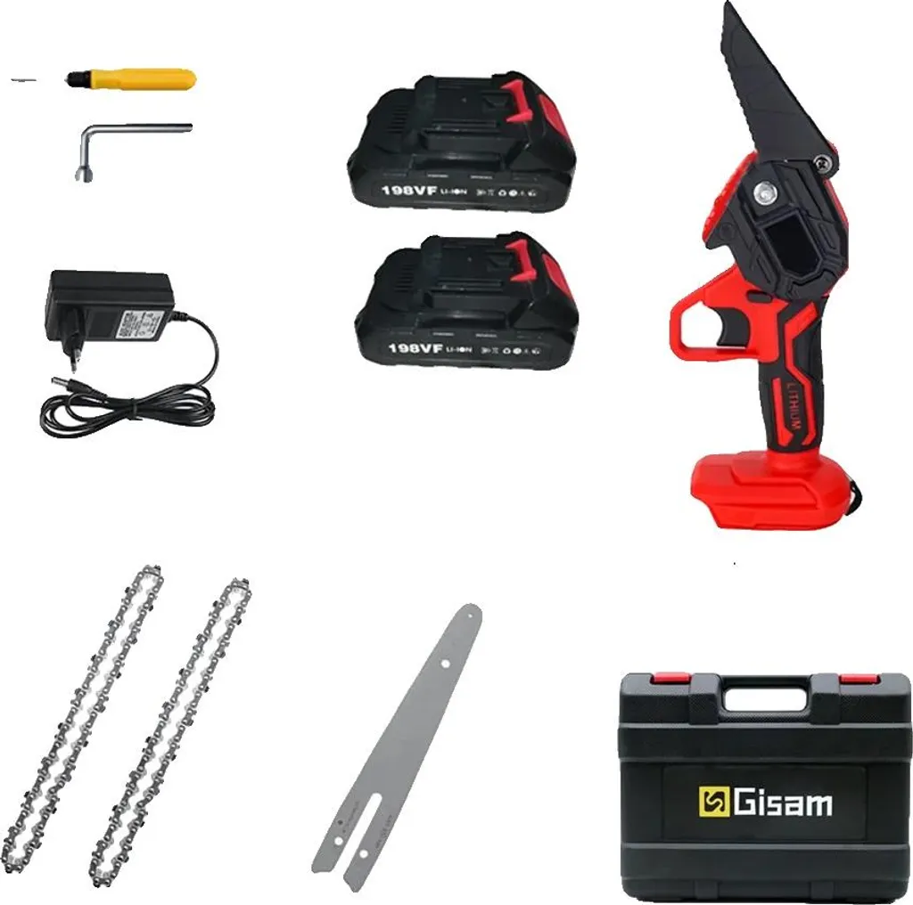 Mini Motosega a Batteria Potatura: 2 Catene Rosse e Design Compatto