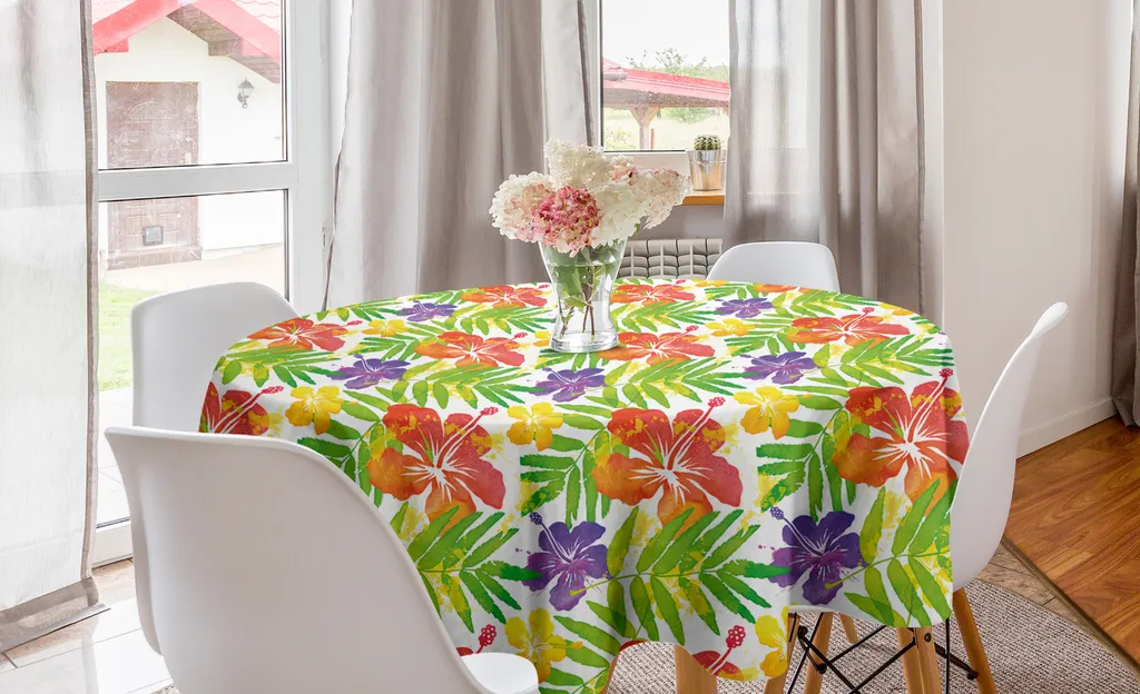 ABAKUHAUS Tovaglia rotonda esotica, motivo con rami di ibisco, tovaglia circolare per sala da pranzo e cucina, 150 cm, multicolore
