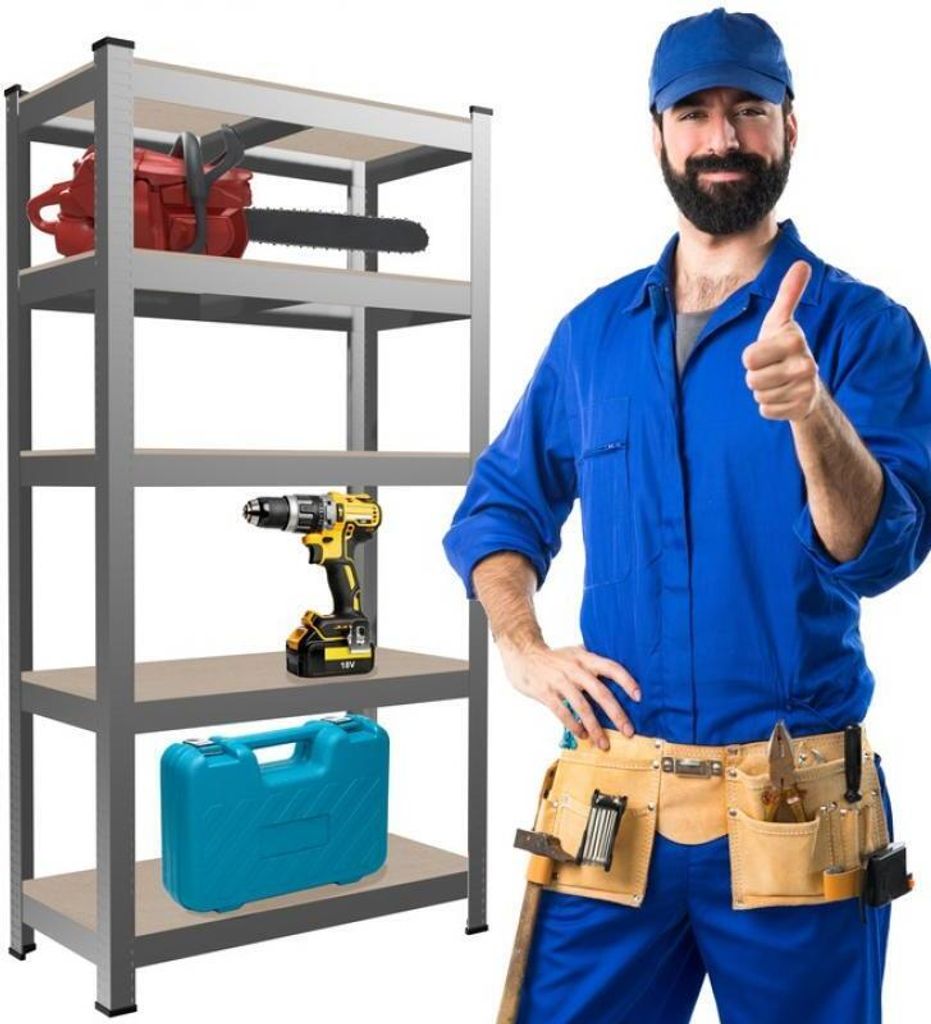 A man in a blue uniform and tool belt gives a thumbs up next to a shelving unit with tools.