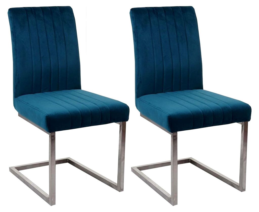 2er-Set Freischwinger, Besucherstuhl Konferenzstuhl, Samt Edelstahl gebürstet - türkis-blau