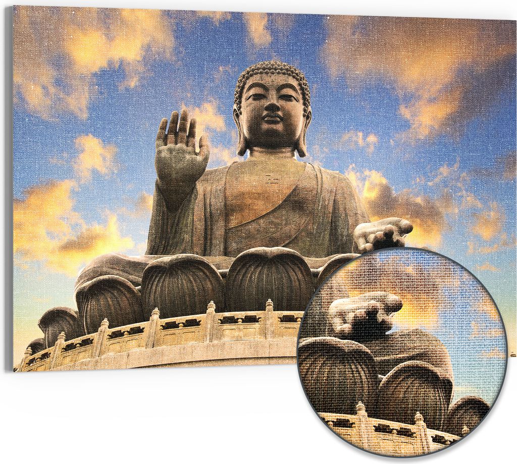 DEQORI Hybrid Leinwand Bild 90x60 cm 'Buddha über Hongkong' Wandbild Glas flach modern