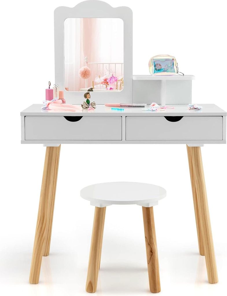 COSTWAY Set da toilette per bambini, scrivania e sgabello Immagine del prodotto 