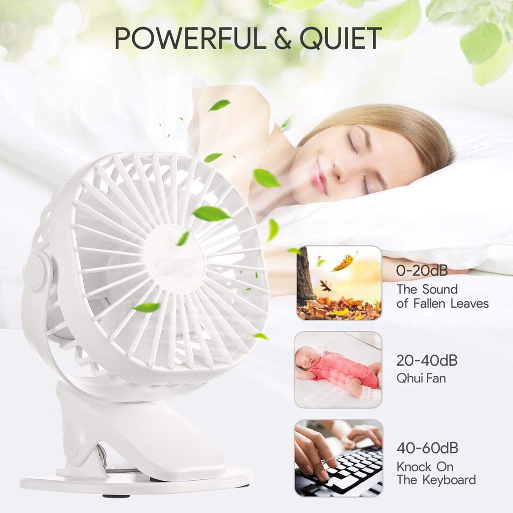 360° Mini USB Ventilator Akku Clip Fan Tischventilator mit Batterie Tisch Lüfter Weiß