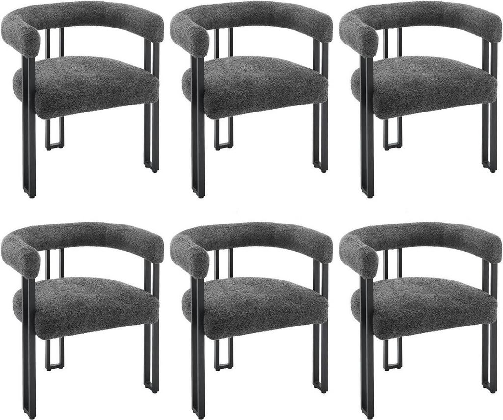 Six dark gray chairs are arranged in two rows of three against a white background.