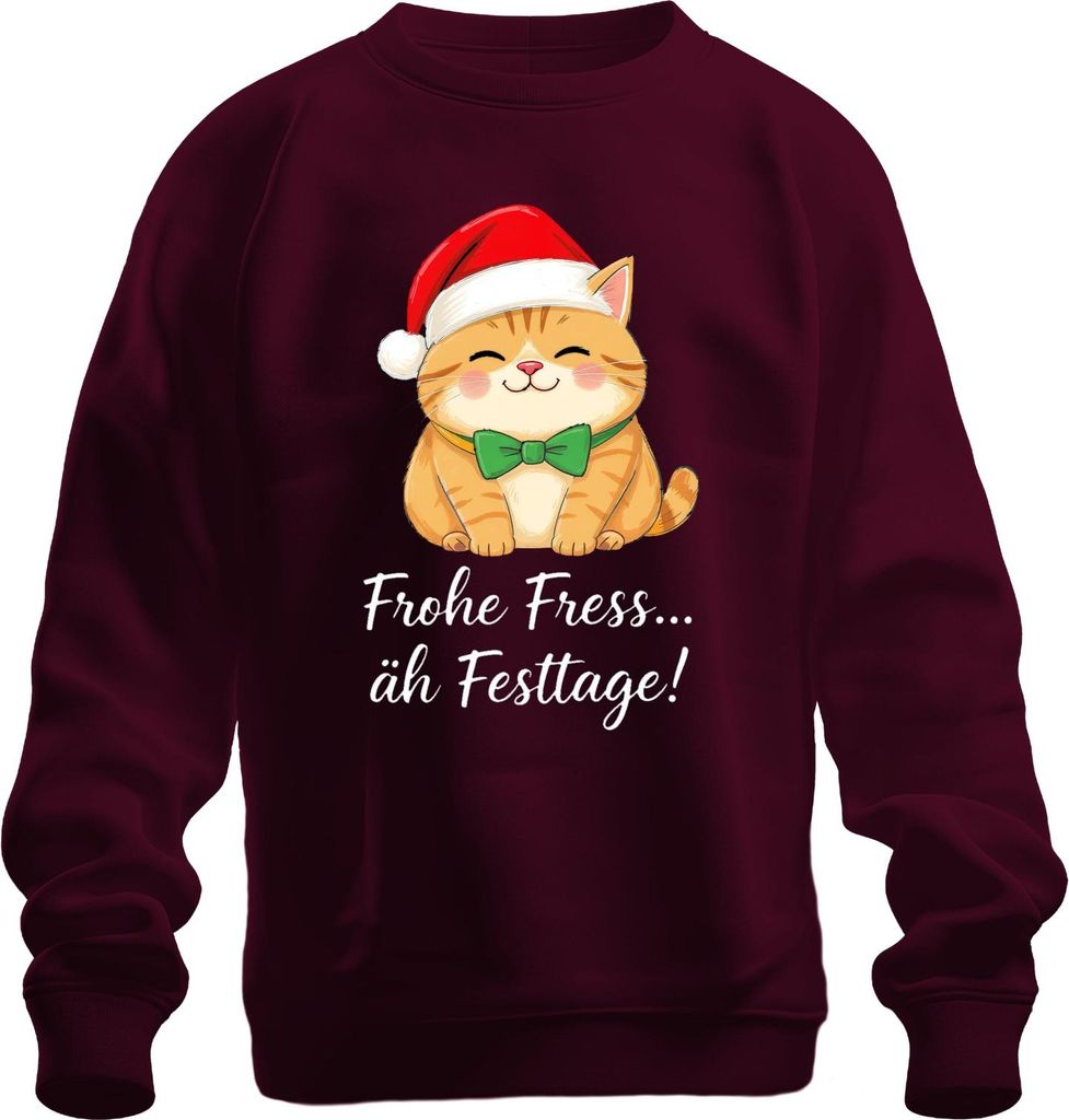 Frohe Fress äh Festtage Katzenliebhaber Katze Weihnachten lustig Uni Sweatshirt Pullover, Burgundy, S