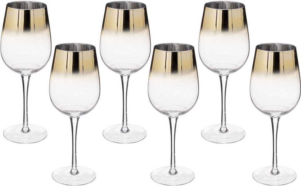 A set of six clear wine glasses with gold rims, arranged in two rows on a white background.