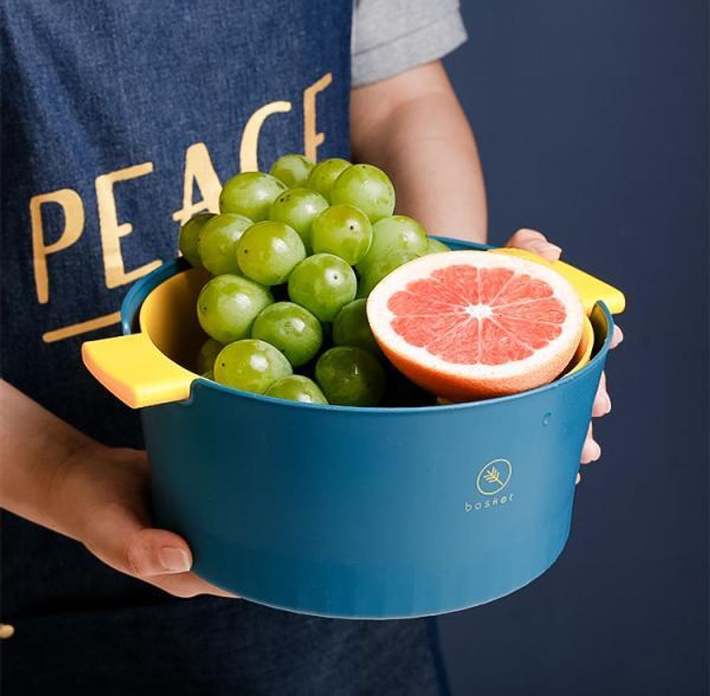 360Home Doppelter Küchensieb Abtropfkorb zum Waschen von Gemüse und Obst Klein Blau