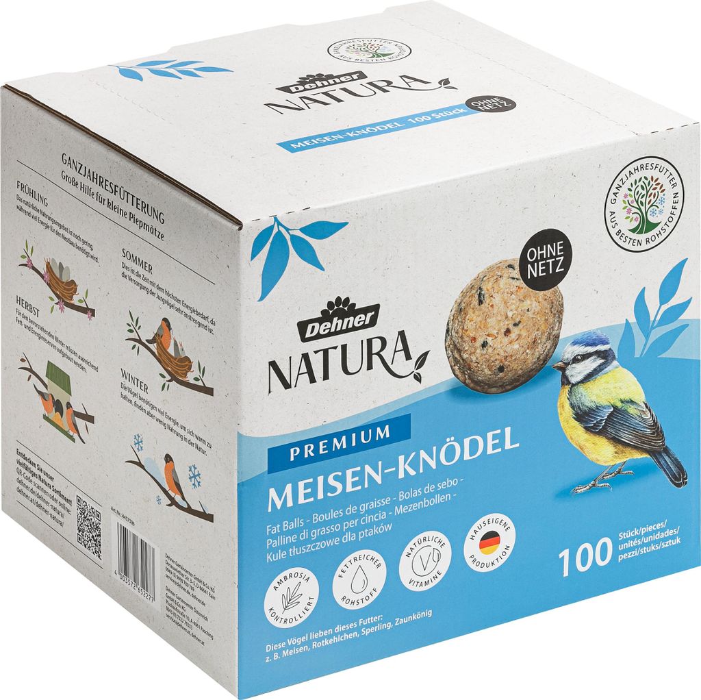 A cardboard box containing bird food balls, with illustrations of birds and seasonal feeding tips.