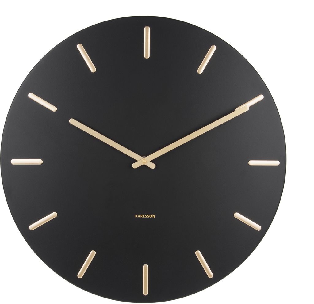 A black wall clock with gold hour markers and hands, presented against a white background.