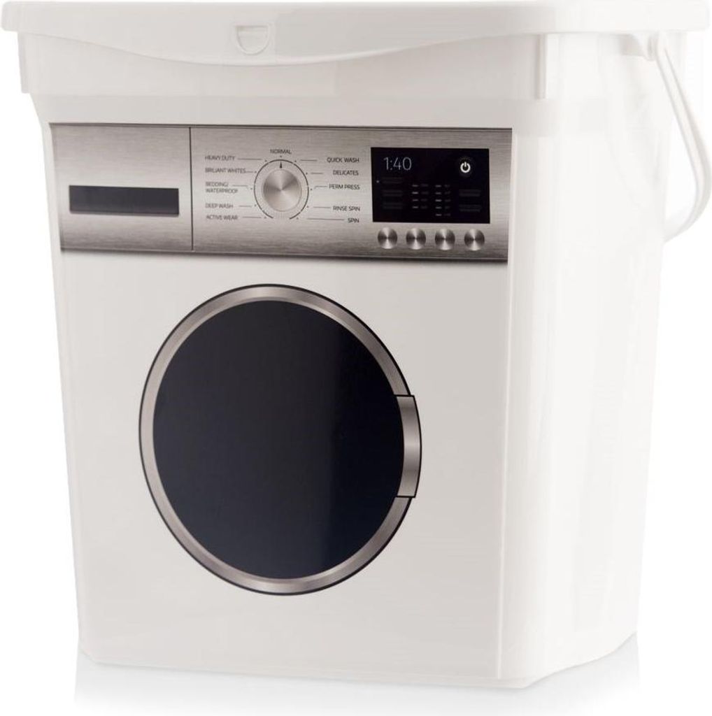 A white storage container with a lid, designed to look like a washing machine with a control panel and a circular door.