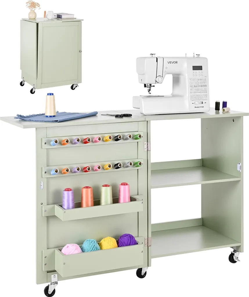 Table de couture pliante VEVOR avec rangement et pinces bois vert clair