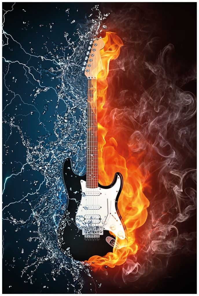 Wallario Premium Glasbild, freischwebende Optik, kräftige Farben, Größe 90 x 60 cm Motiv Feuer-Wasser-Gitarre
