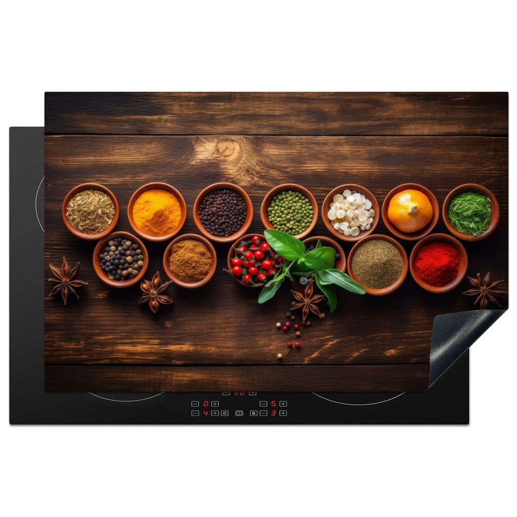 KitchenYeah Herdabdeckplatte Kräuter - Gewürze - Minze - Holzdruck , 81x52cm, Küche Deko, Glaskeramikkochfeld Herdabdeckung, Abdeckplatte fùr...