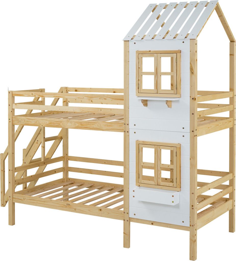 Etagenbett mit Handlauf und Fenster,Hausbett(weiß+natur,90x200cm)Kinderbett mit Fallschutz und Gitter, Rahmen aus Kiefer
