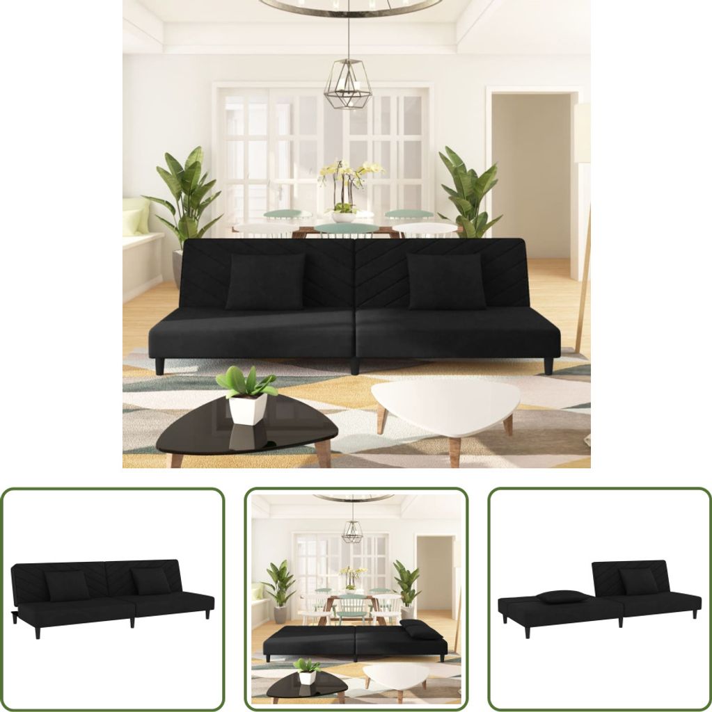 The Living Store Schlafsofa 2-Sitzer mit 2 Kissen Schwarz Samt