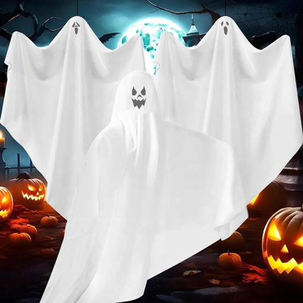 Décoration d'Halloween suspendue lot de 3 fantômes blancs de 60 cm tissu