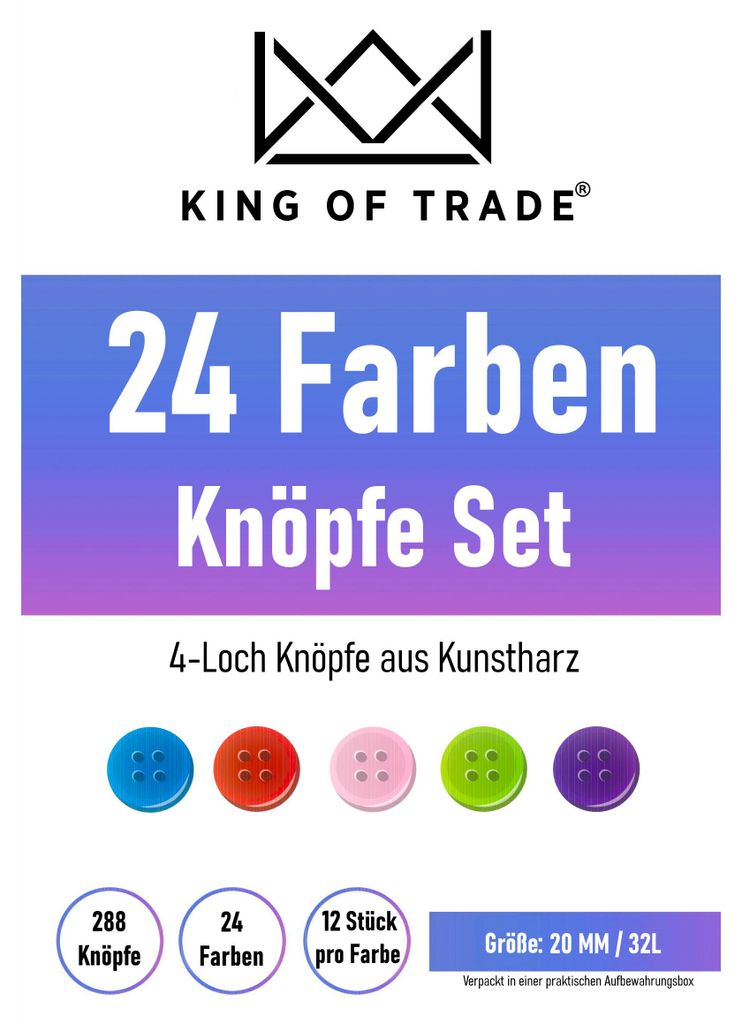 24 Farben Knöpfe Set - 20 mm 32L - 288 Stück - 4-Loch Produktbild 
