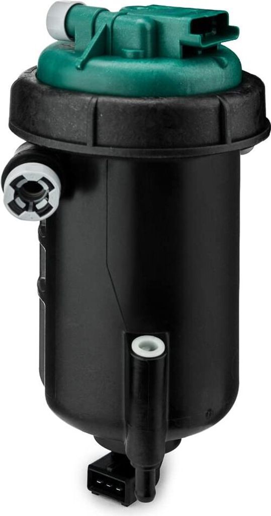 A black diesel fuel filter with a green cap and gray and white connectors, isolated on a white background.