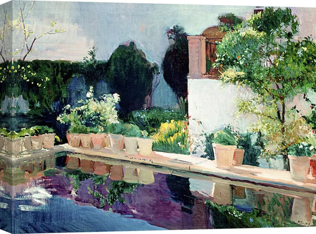 Dipinto su tela - Joaquín Sorolla y Bastida, Palazzo dello Stagno, Giardini Reali di Siviglia - 60x40 cm