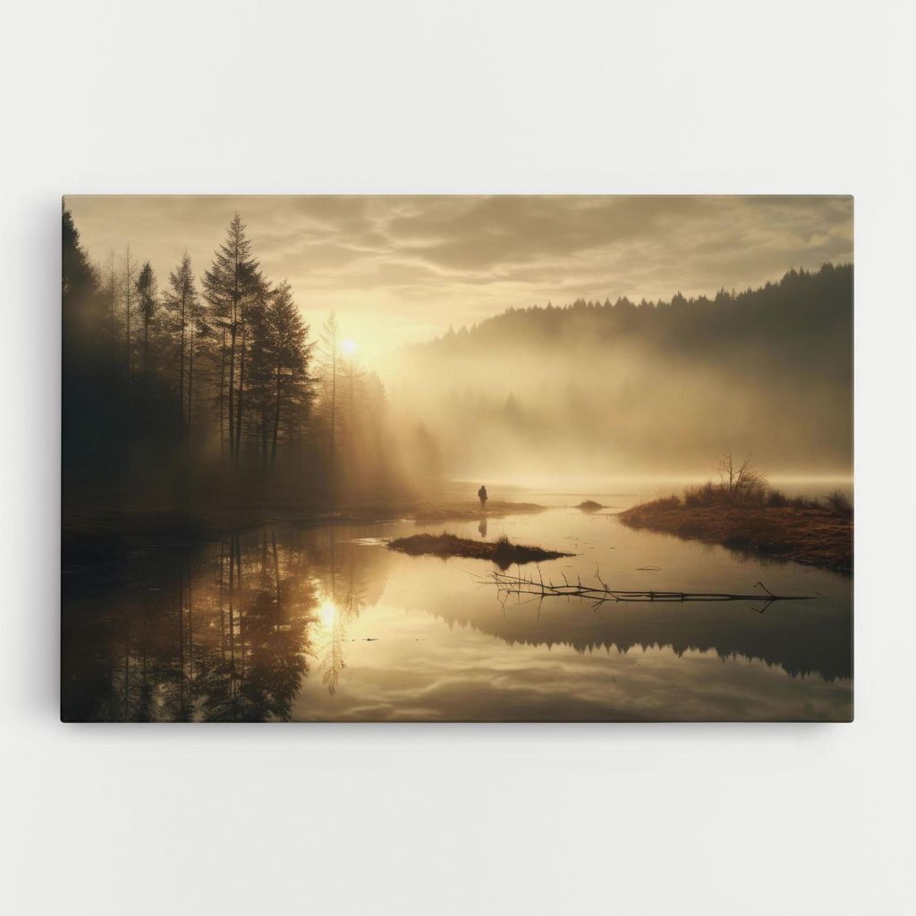 ARTHUB Leinwandbild 20x30 cm, The Sun Is Rising Over A River In A Foggy Forest | Wohnzimmerdekoration, Hängende Bilder, Wanddekoration, Heimdeko...