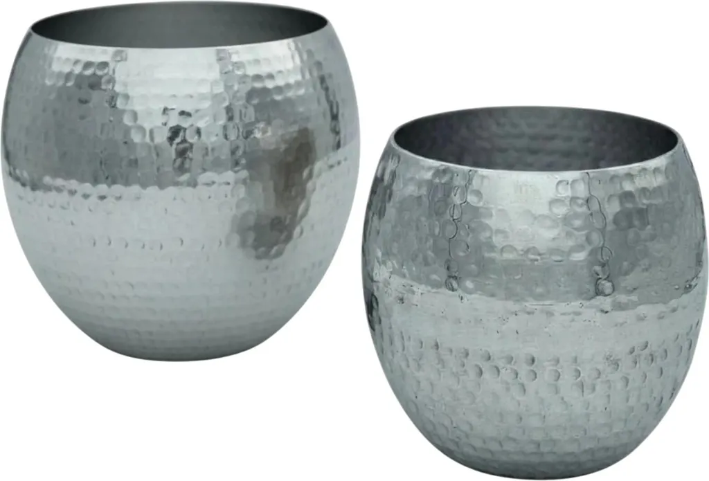 Pots de fleurs ronds en métal argenté martelé - Duo de cache-pots chic