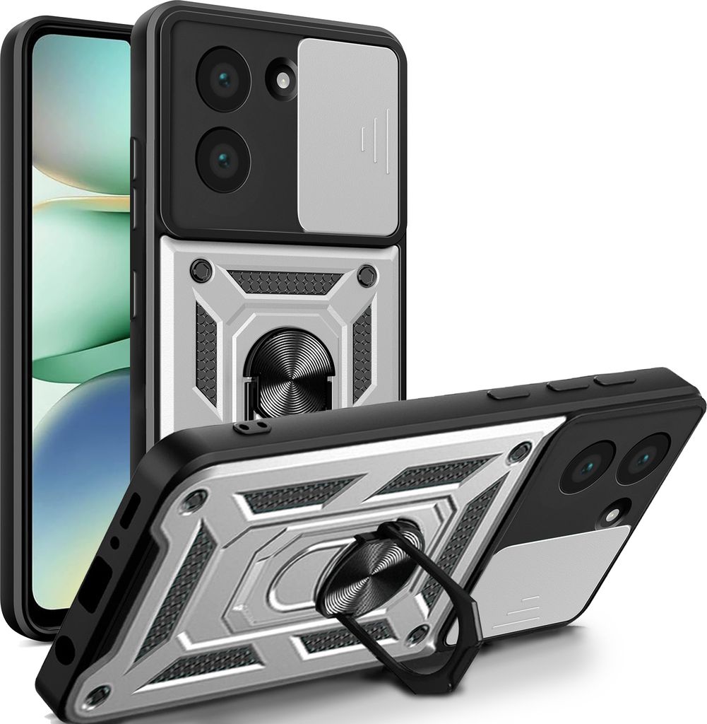A product shot of a phone case with a ring holder and camera protection, displayed from multiple angles.