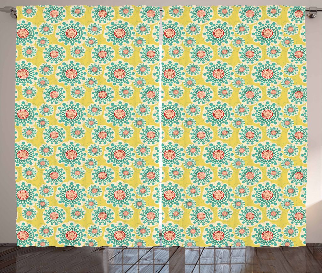 ABAKUHAUS Gelb und Blau Rustikaler Gardine, punktierte Blumen, Schlafzimmer Kräuselband Vorhang mit Schlaufen und Haken, 280 x 175 cm, Mehrfarbig