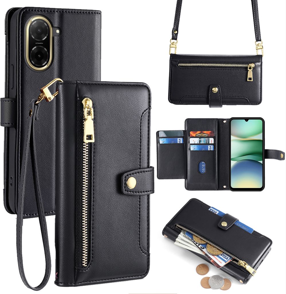 A collage of images showcasing a black leather phone case with multiple compartments and a crossbody strap.