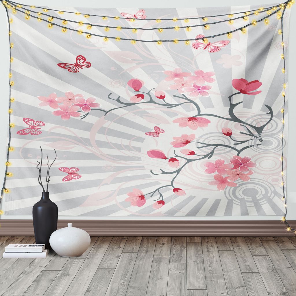 ABAKUHAUS Blumen Wandteppich, Vögel auf Kirschbaum, Wohnzimmer Schlafzimmer Wandtuch Seidiges Satin Wandteppich, 150 x 100 cm, Pale Grau Rosa