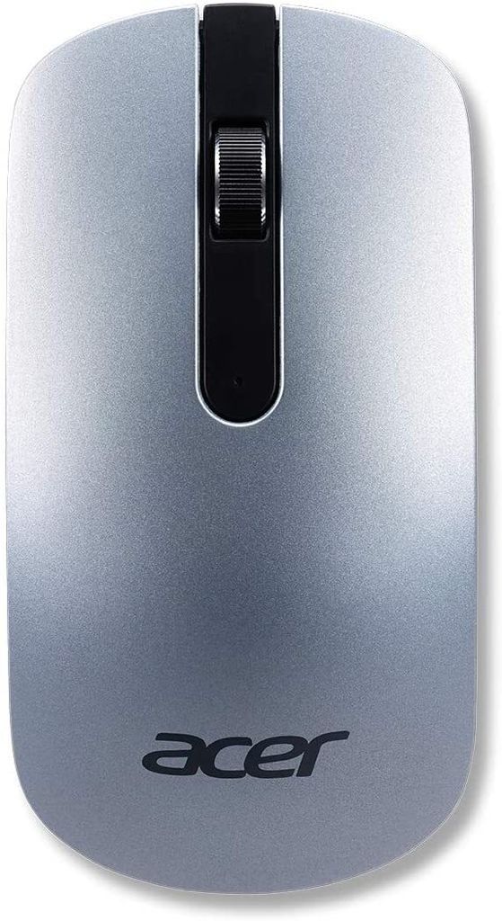 A top-down view of a silver Acer wireless mouse on a white background.