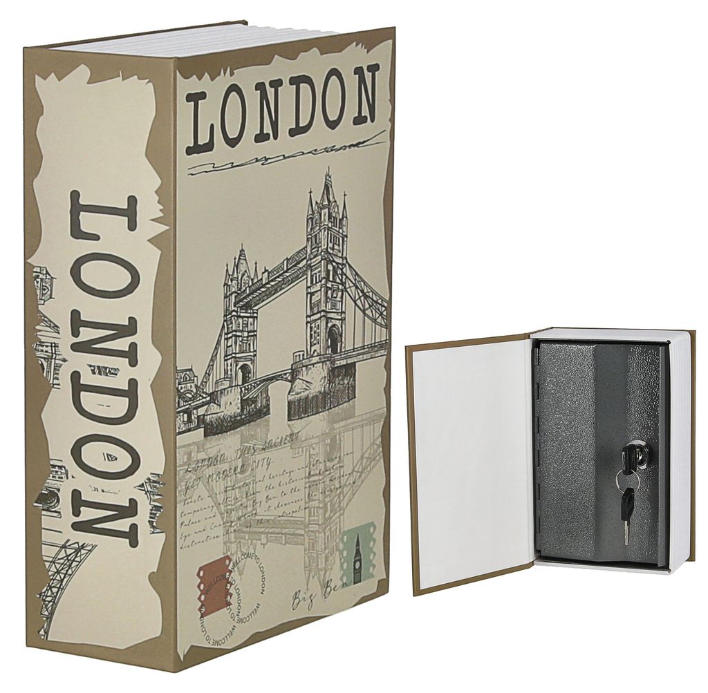 Tresor Buch London 11,5x18x5,5cm Metall Papier 2 Schlüssel Buchsafe Geldversteck Minitresor Versteck für Wertsachen