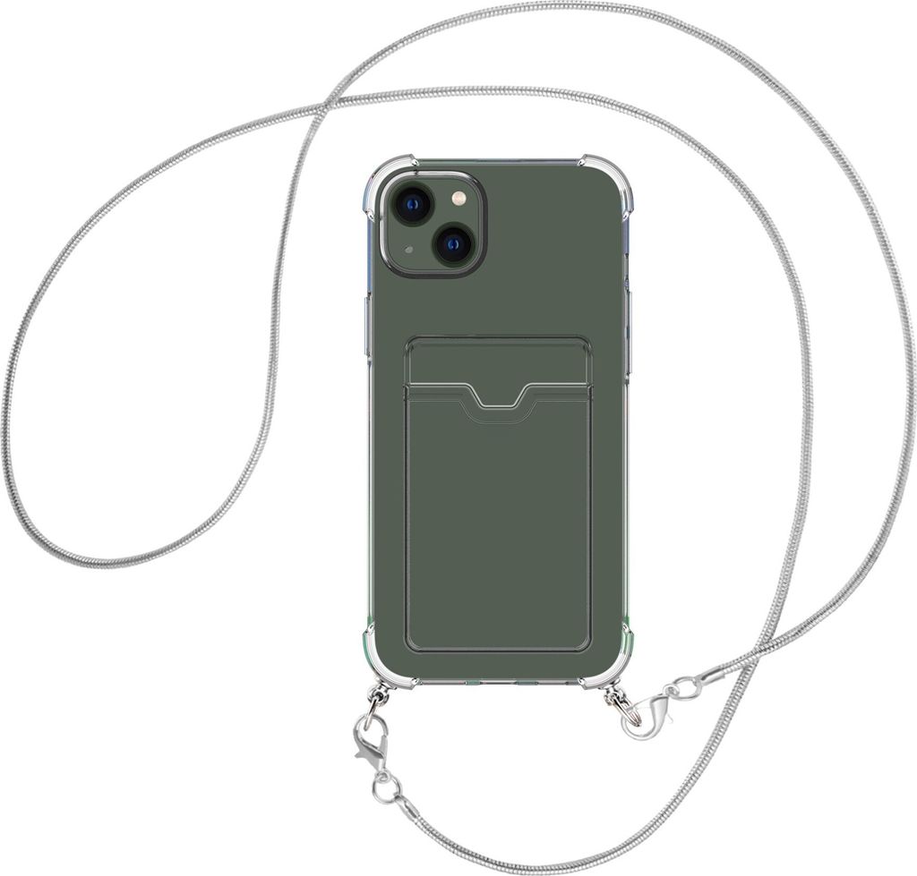 Handykette Backcover-Schutzhülle mit Band (Metall silberfarben) für Apple iPhone 15 Plus - silberfarbene Snake-Kette