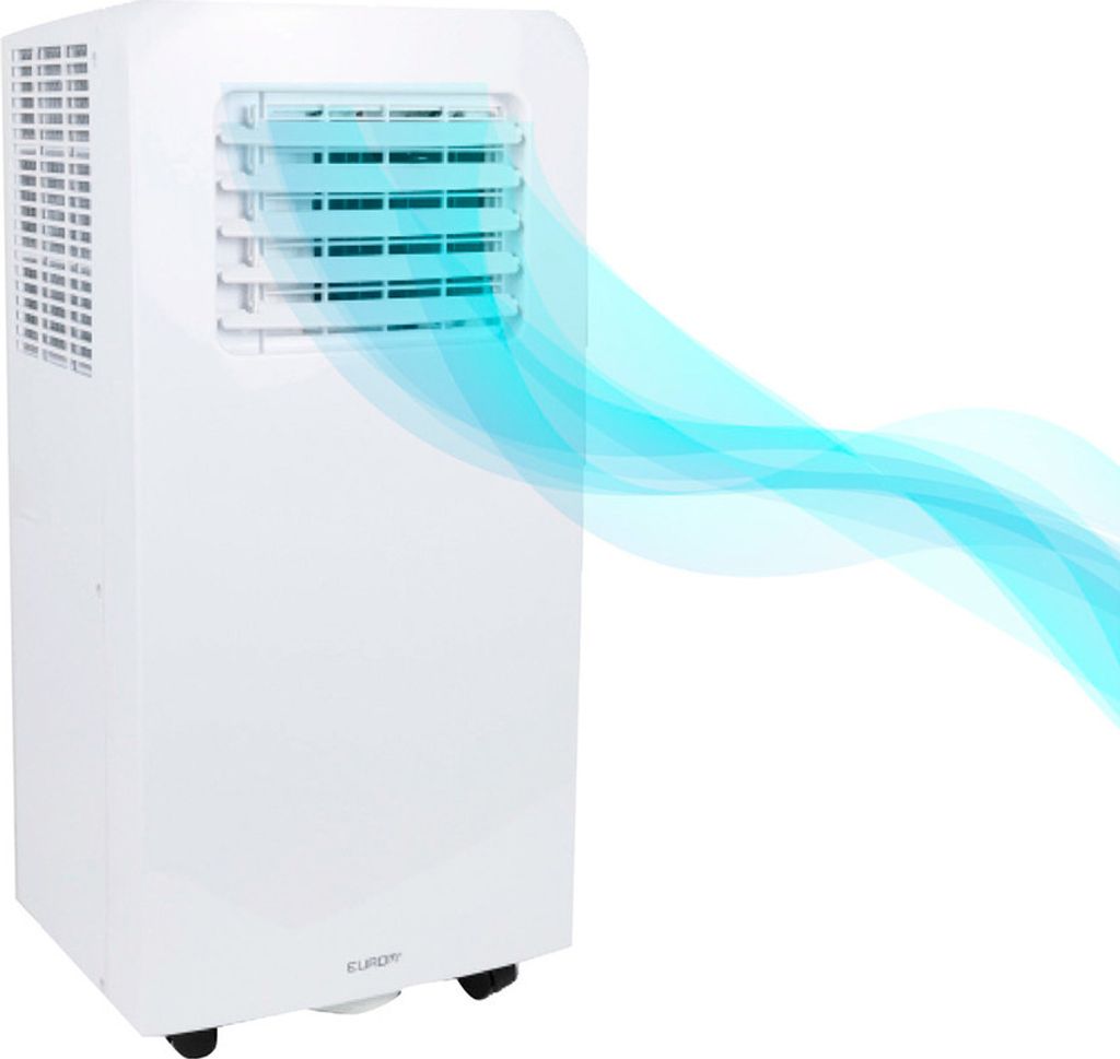 A white portable air conditioner with blue wavy lines indicating airflow.
