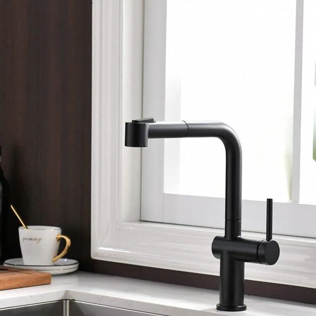 Robinet de cuisine noir pivotant pour grand évier avec douchette