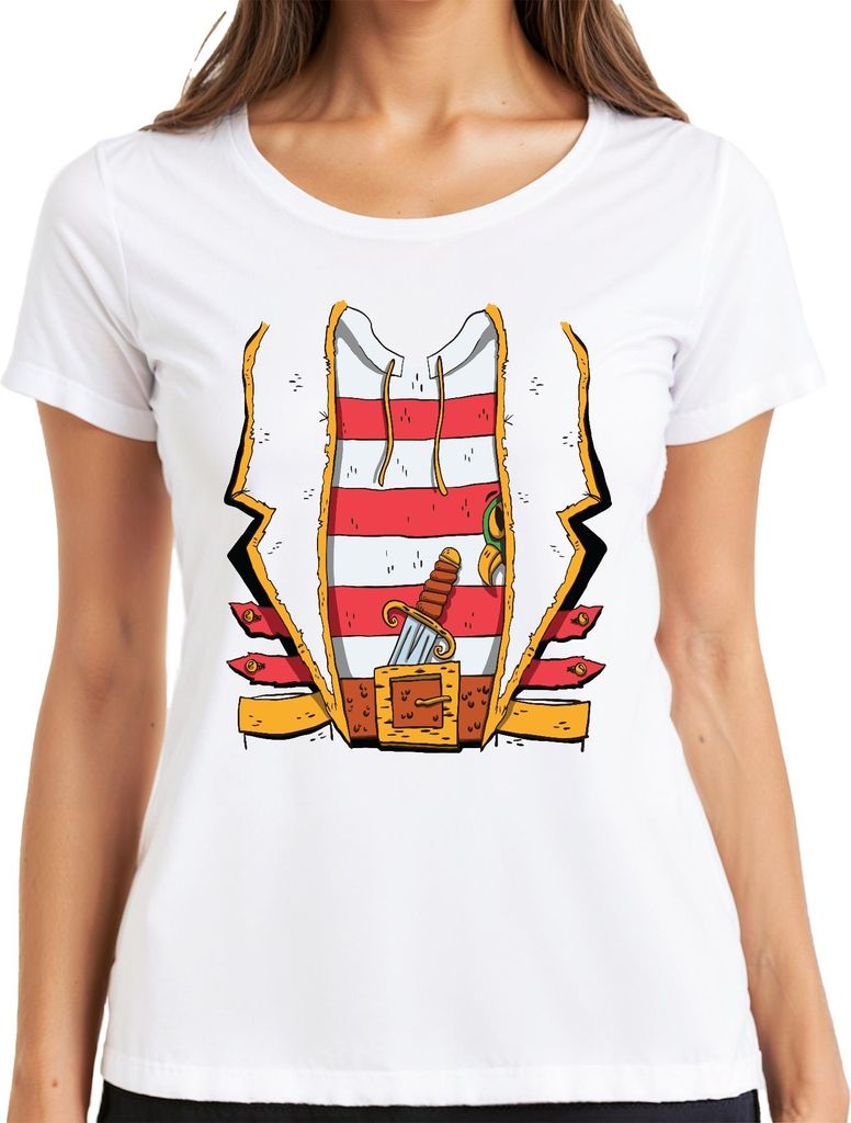 Seeräuber Pirat Dolch Gürtel gestreift Weste Karneval Vintage Damen T-Shirt, Weiß, M