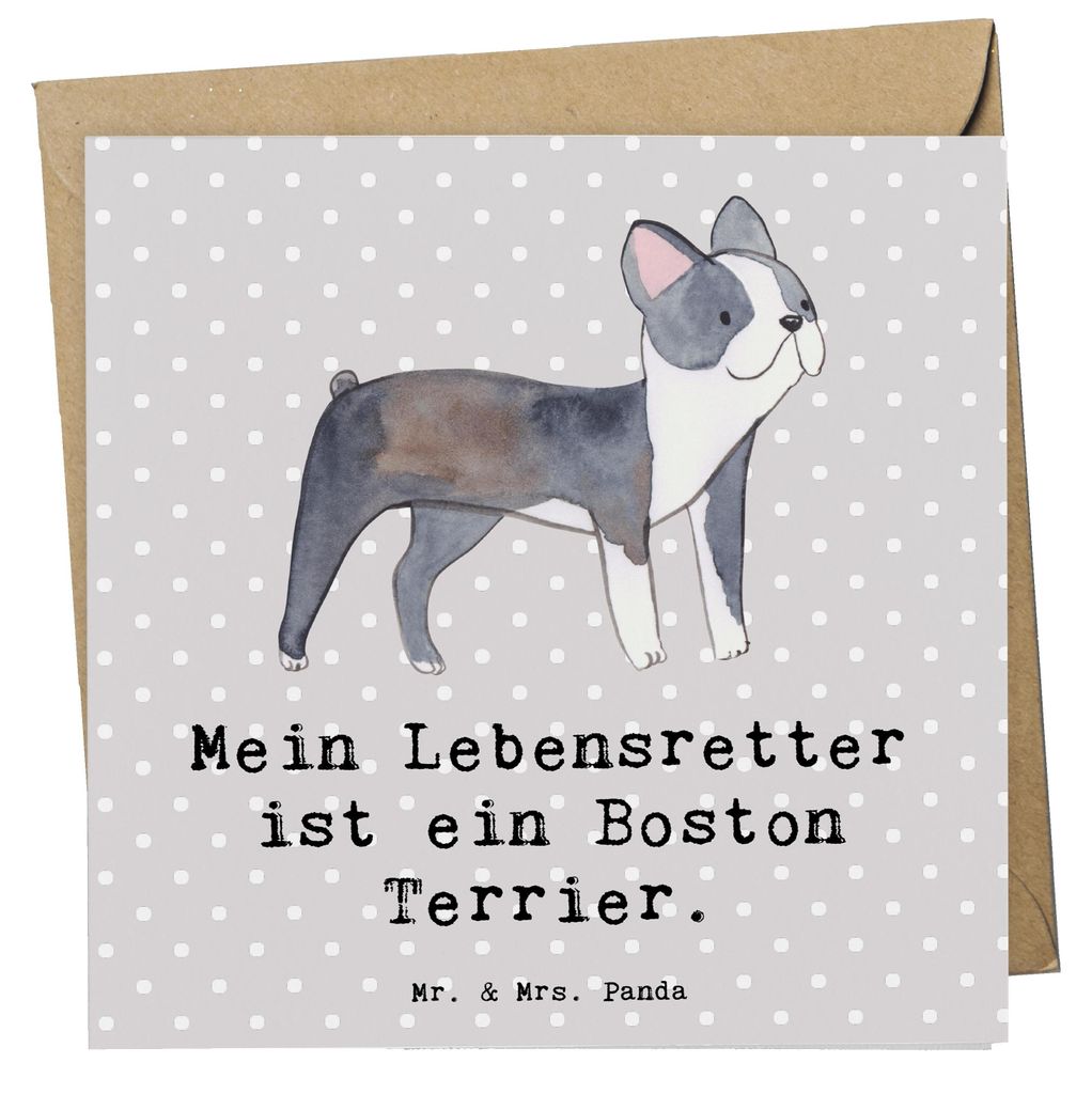 Mr. & Mrs. Panda Klappkarte Boston Terrier Lebensretter - Grau Pastell - Geschenk, doppelkarte, Grußkarte, Glückwunschkarte, faltkarte, anlasskarte