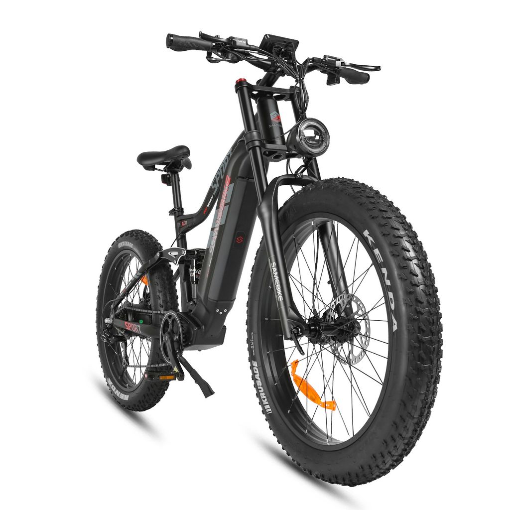 A black electric fat tire bicycle is shown from a front-facing angle against a white background.