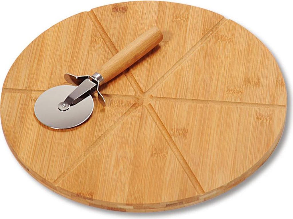 MOON HOME Pizzabrett-Set mit Pizzaschneider - Saturn, 2er Set mit integrierten Linien für einfaches Schneiden, aus nachhaltigem Bambus, mit Schneider