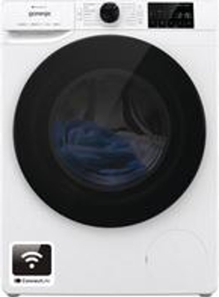 Front view of a white washing machine with a black door.