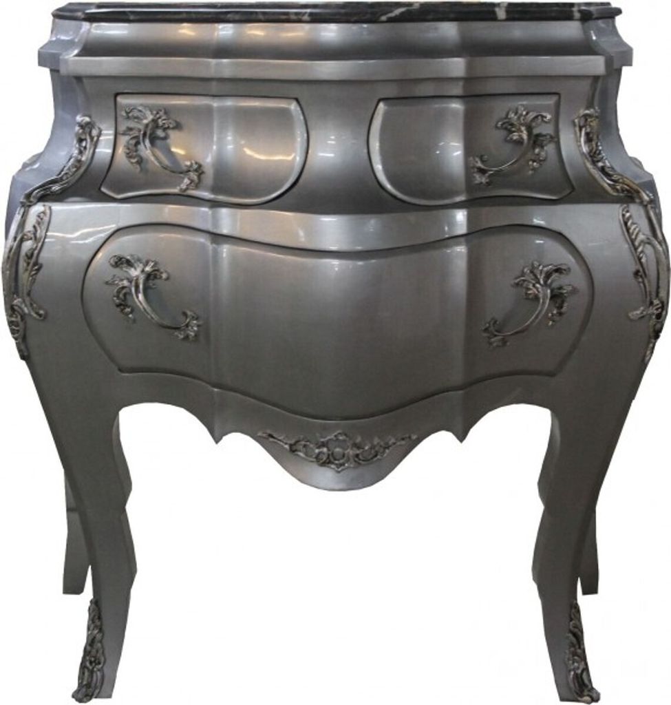 Casa Padrino Barock Kommode Silber mit Marmorplatte B 95 cm, H 89 cm - Handgefertigte Barock Möbel