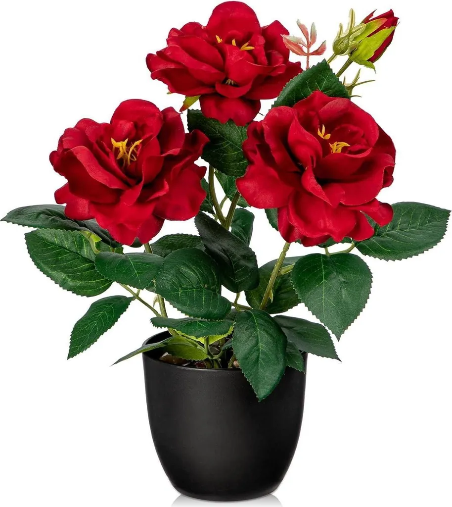Fleurs artificielles Rose buisson en pot 28 cm rouge pour décoration