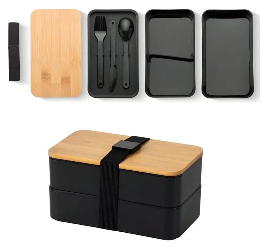 Doppelte Lunchbox 1,3L mit Bambusdeckel & Besteck – 4-teiliges Bento Set in Schwarz