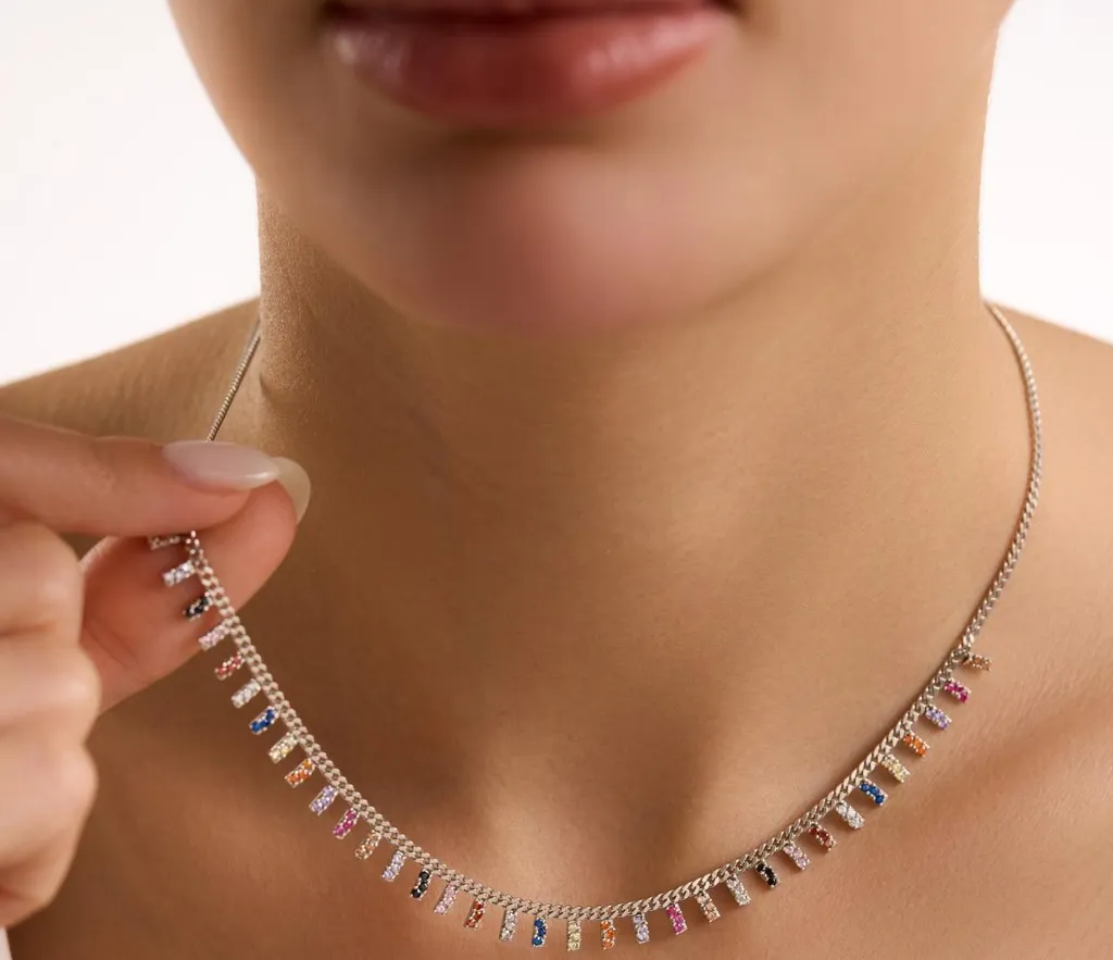 Collier argent 925 gourmette et pendentif tige en oxyde de zirconium pur
