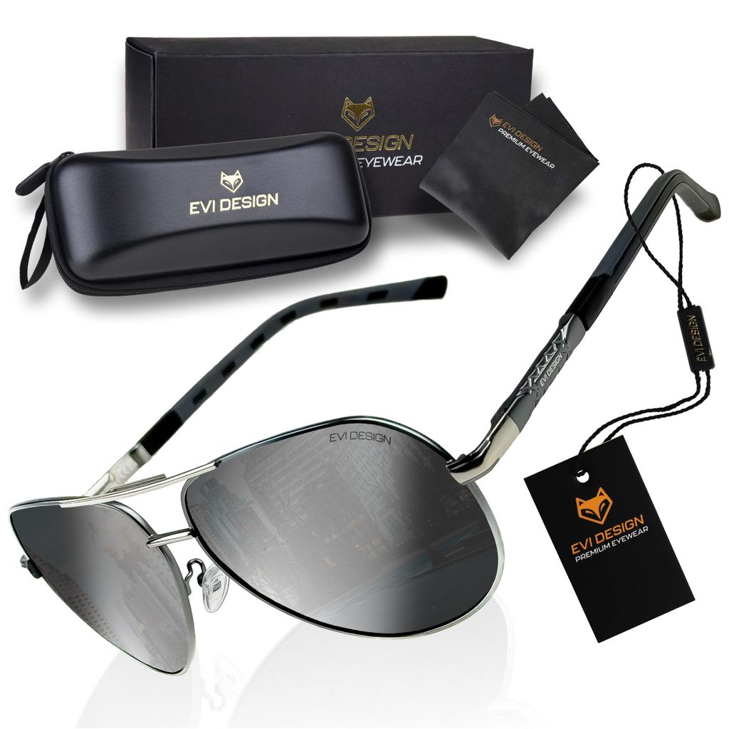 Aviator Sonnenbrille Herren Polarisiert UV400, klassische Pilotenbrille Silber, Metallrahmen mit Federscharnier, inkl. Etui & Set, EVI DESIGN Silver