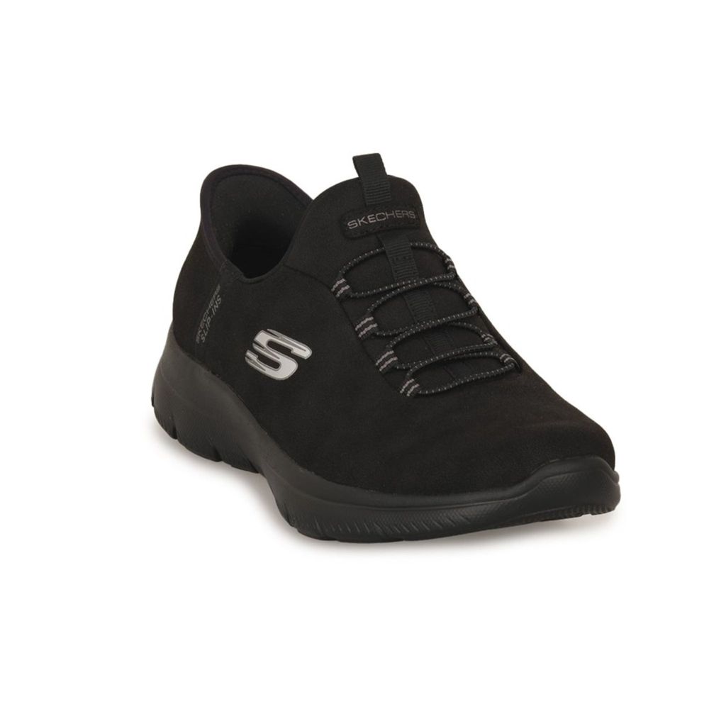 A black Skechers sneaker is shown against a white background.